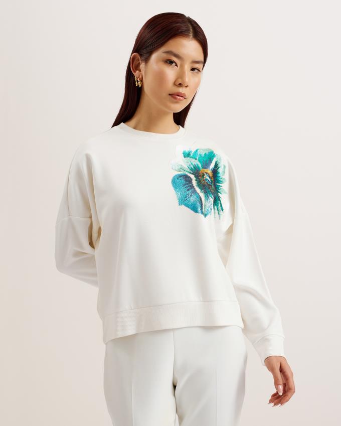 Sweatshirt Ted Baker Sequin Graphic Embellished Blanche Femme | BPJ-05551527